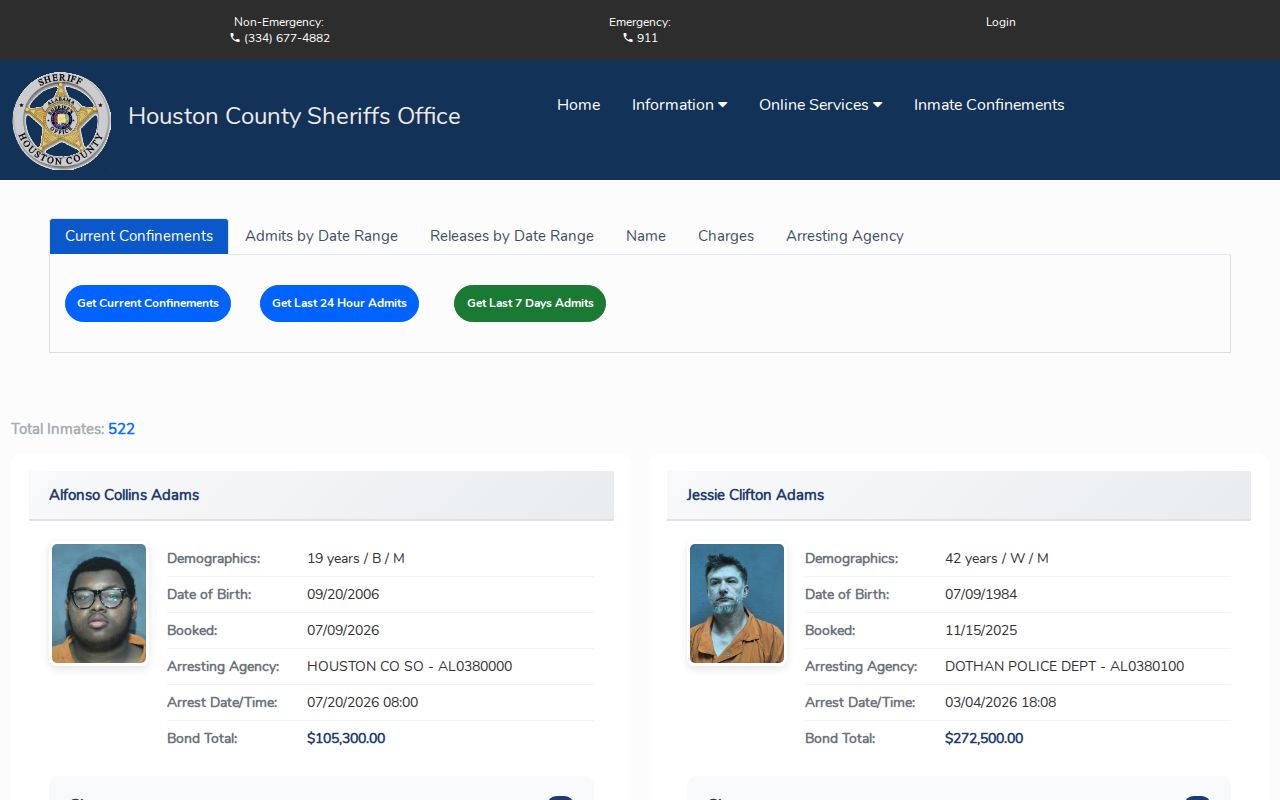 Houston County Citizen Connect booking search screen