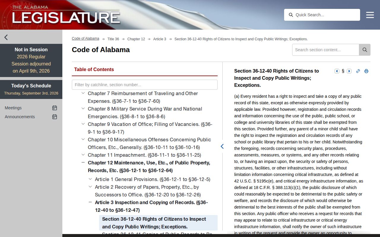Alabama public records statute page