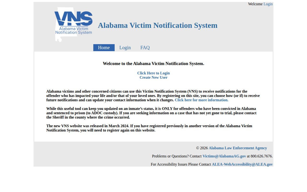 Alabama Victim Notification System official landing page